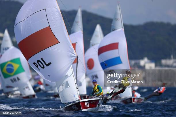 Agnieszka Skrzypulec and Jolanta Ogar of Team Poland compete in the Women's 470 class on day nine of the Tokyo 2020 Olympic Games at Enoshima Yacht...