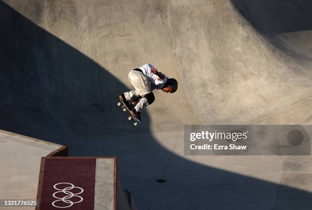 Ayumu Hirano of Team Japan in action during a training session for the skateboarding park on day nine of the Tokyo 2020 Olympic Games on August 01,...