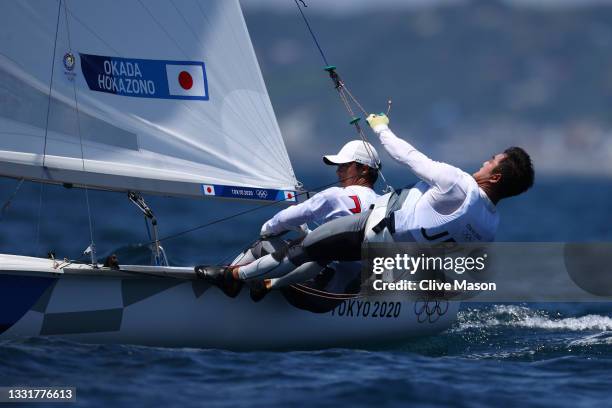 Keiju Okada and Jumpei Hokazono of Team Japan compete in the Men's 470 class on day nine of the Tokyo 2020 Olympic Games at Enoshima Yacht Harbour on...