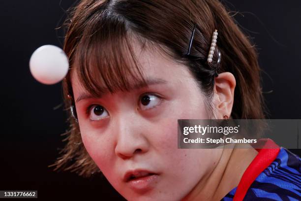 Miu Hirano of Team Japan serves the ball during her Women's Team Round of 16 table tennis match on day nine of the Tokyo 2020 Olympic Games at Tokyo...