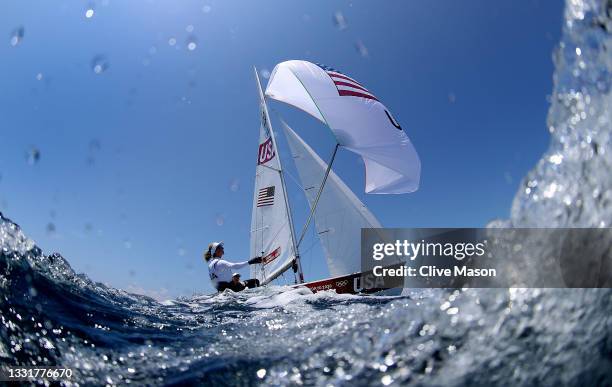Nikole Barnes and Lara Dallman-Weiss of Team United States compete in the Women's 470 class on day nine of the Tokyo 2020 Olympic Games at Enoshima...