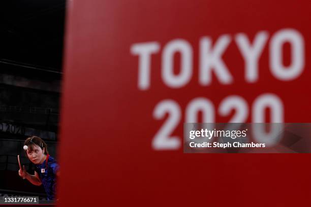 Miu Hirano of Team Japan serves the ball during her Women's Team Round of 16 table tennis match on day nine of the Tokyo 2020 Olympic Games at Tokyo...