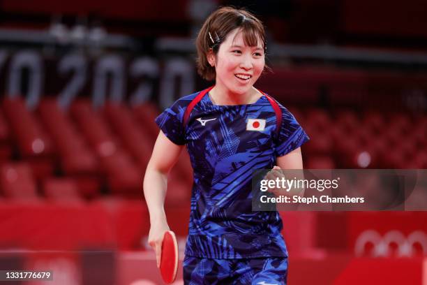 Miu Hirano of Team Japan reacts during her Women's Team Round of 16 table tennis match on day nine of the Tokyo 2020 Olympic Games at Tokyo...