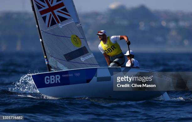 Giles Scott of Team Great Britain competes in the Men's Finn class on day nine of the Tokyo 2020 Olympic Games at Enoshima Yacht Harbour on August...