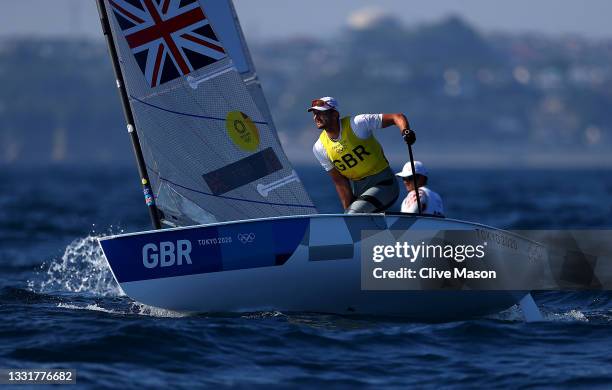 Giles Scott of Team Great Britain competes in the Men's Finn class on day nine of the Tokyo 2020 Olympic Games at Enoshima Yacht Harbour on August...