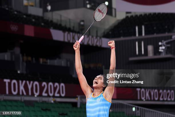 Pusarla V. Sindhu of Team India celebrates as she wins against He Bing Jiao of Team China during the Women’s Singles Bronze Medal match on day nine...