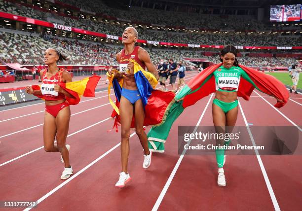 Bronze medalist Ana Peleteiro of Team Spain, gold medalist Yulimar Rojas of Team Venezuela and silver medalist Patricia Mamona of Team Portugal...