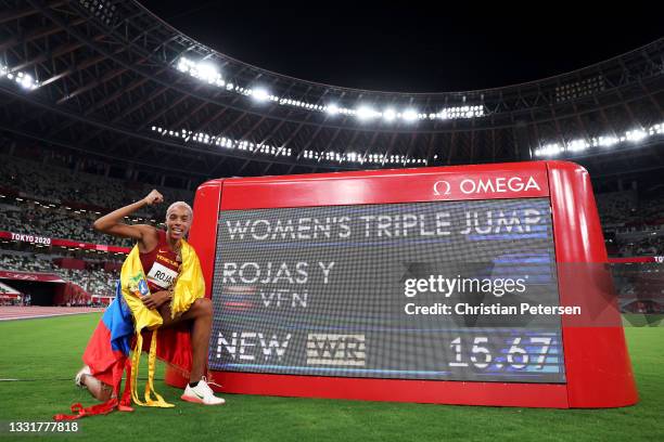 Yulimar Rojas of Team Venezuela poses for a photo following her win in the Women's Triple Jump Final on day nine of the Tokyo 2020 Olympic Games at...