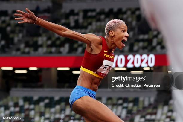 Yulimar Rojas of Team Venezuela celebrates in the Women's Triple Jump Final on day nine of the Tokyo 2020 Olympic Games at Olympic Stadium on August...