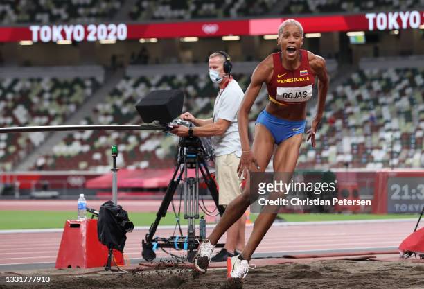 Yulimar Rojas of Team Venezuela celebrates in the Women's Triple Jump Final on day nine of the Tokyo 2020 Olympic Games at Olympic Stadium on August...