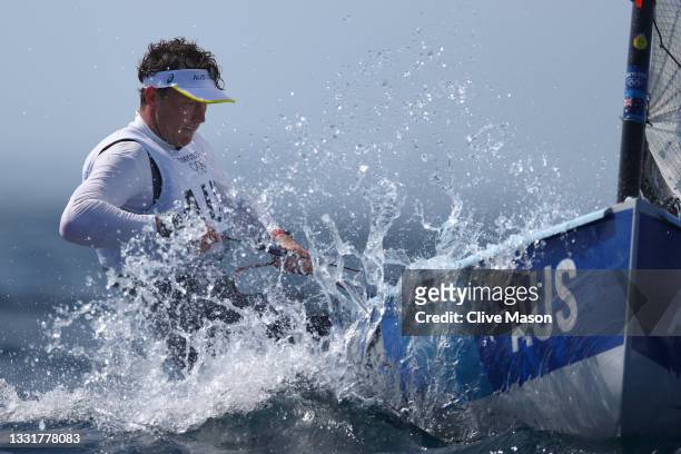 Jake Lilley of Team Australia competes in the Men's Finn class on day nine of the Tokyo 2020 Olympic Games at Enoshima Yacht Harbour on August 01,...