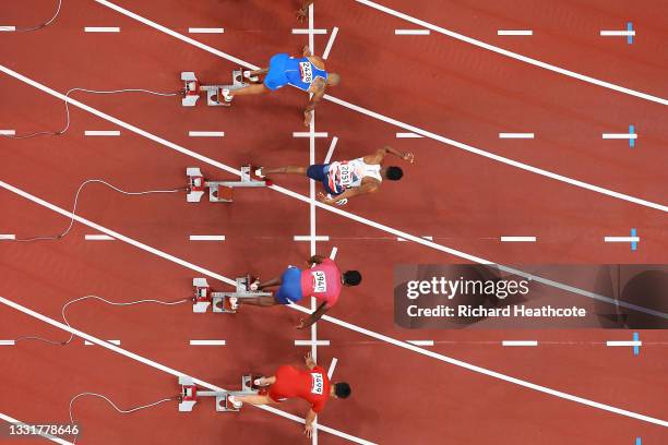 Zharnel Hughes of Team Great Britain makes a false start in the Men's 100m Final on day nine of the Tokyo 2020 Olympic Games at Olympic Stadium on...