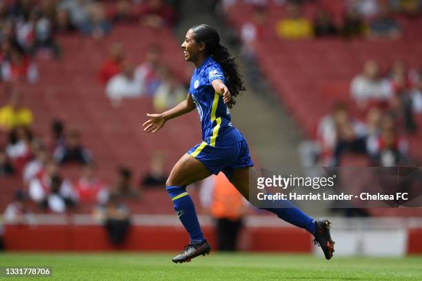 Reanna Blades of Chelsea celebrates after scoring her team's first goal during a Pre-Season Friendly match between Arsenal Women and Chelsea FC Women...