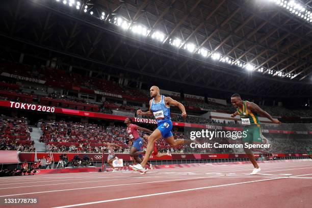 Lamont Marcell Jacobs of Team Italy wins the Men's 100m Final ahead of Fred Kerley of Team United States and Andre De Grasse of Team Canada on day...