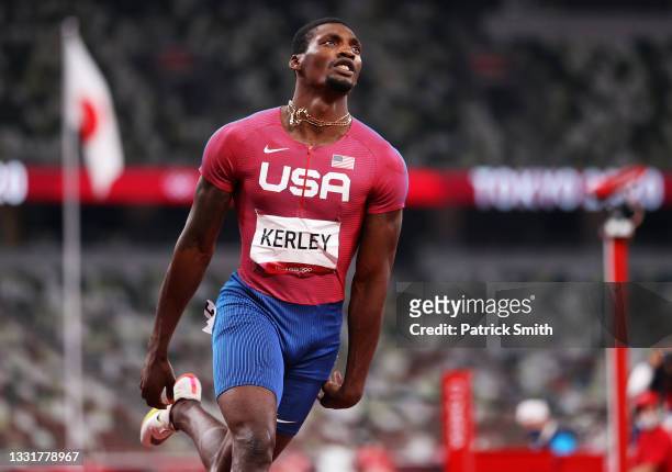 Fred Kerley of Team United States reacts after finishing second in the Men's 100m Final on day nine of the Tokyo 2020 Olympic Games at Olympic...