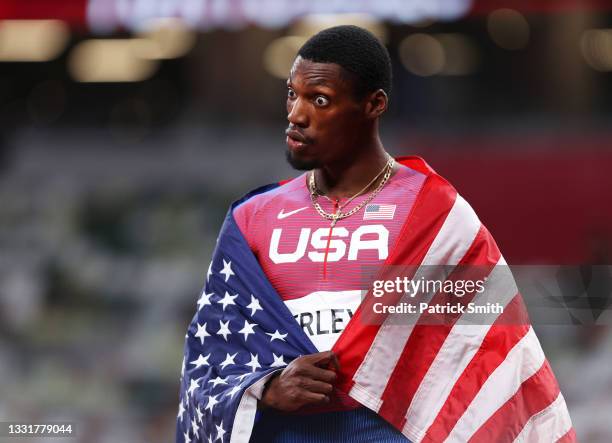 Fred Kerley of Team United States reacts after finishing second in the Men's 100m Final on day nine of the Tokyo 2020 Olympic Games at Olympic...