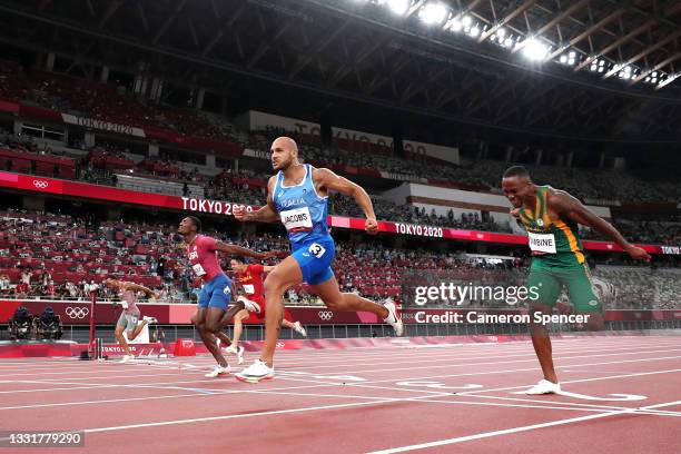 Lamont Marcell Jacobs of Team Italy celebrates after winning the Men's 100m Final on day nine of the Tokyo 2020 Olympic Games at Olympic Stadium on...