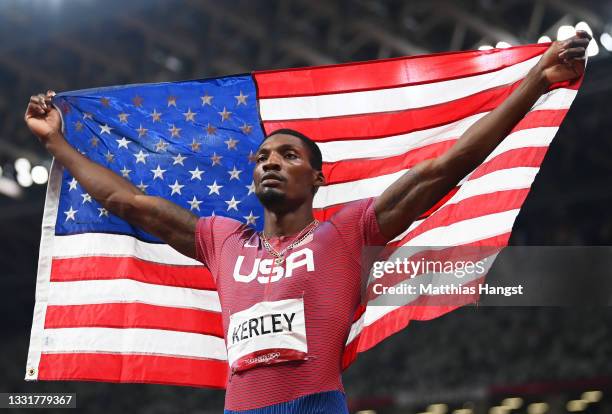 Fred Kerley of Team United States reacts after finishing second in the Men's 100m Final on day nine of the Tokyo 2020 Olympic Games at Olympic...