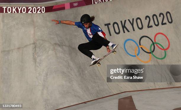 Steven Pineiro of Team Puerto Rico in action during a training session for the skateboarding park on day nine of the Tokyo 2020 Olympic Games on...