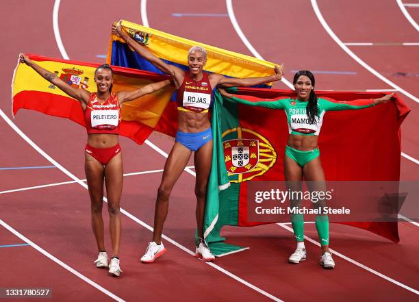 Bronze medalist Ana Peleteiro of Team Spain, gold medalist Yulimar Rojas of Team Venezuela and silver medalist Patricia Mamona of Team Portugal...