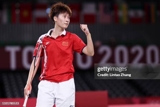 Chen Yu Fei of Team China reacts as she competes against Tai Tzu-Ying of Team Chinese Taipei during the Women’s Singles Gold Medal match on day nine...