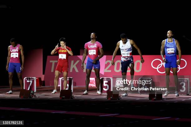 Ronnie Baker of Team United States, Su Bingtian of Team China, Fred Kerley of Team United States, Zharnel Hughes of Team Great Britain and Lamont...