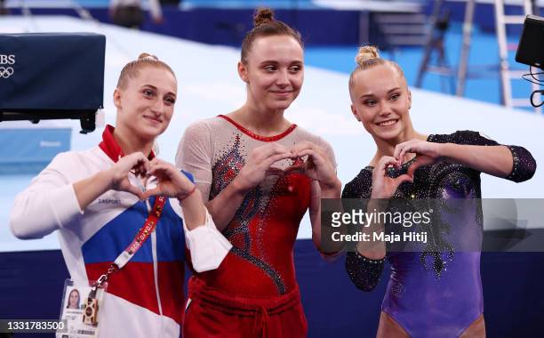 Liliia Akhaimova, Anastasiia Iliankova and Angelina Melnikova of Team ROC pose for a photograph on day nine of the Tokyo 2020 Olympic Games at Ariake...