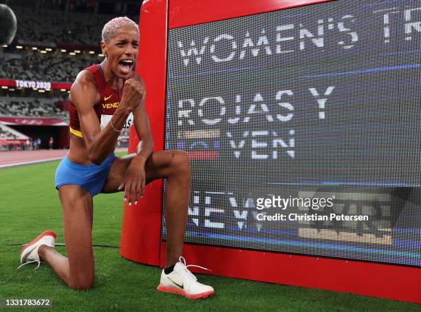 Yulimar Rojas of Team Venezuela poses for a photo following her win in the Women's Triple Jump Final on day nine of the Tokyo 2020 Olympic Games at...