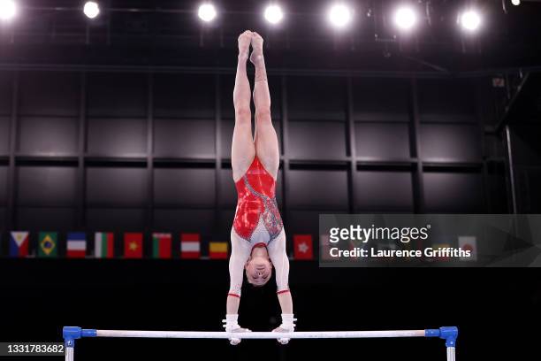 Anastasiia Iliankova of Team ROC competes in the Women's Uneven Bars Final on day nine of the Tokyo 2020 Olympic Games at Ariake Gymnastics Centre on...