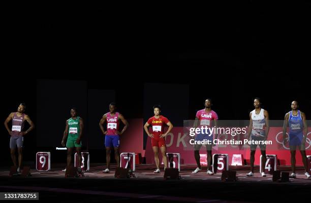 Andre de Grasse of Team Canada, Enoch Adegoke of Team Nigeria, Ronnie Baker of Team United States, Su Bingtian of Team China, Fred Kerley of Team...