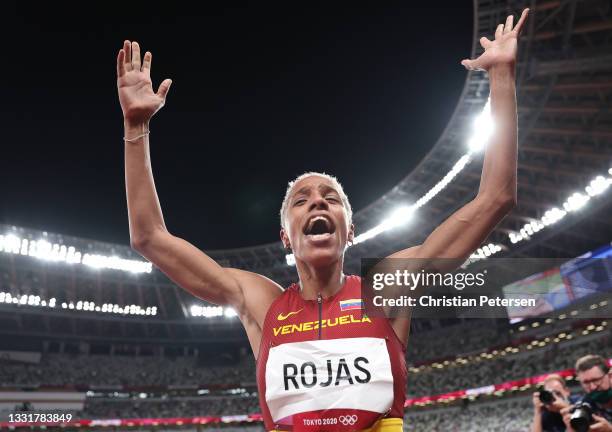 Yulimar Rojas of Team Venezuela celebrates in the Women's Triple Jump Final on day nine of the Tokyo 2020 Olympic Games at Olympic Stadium on August...