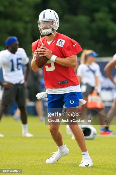 Jacob Eason of the Indianapolis Colts throws a pass during the Indianapolis Colts Training Camp at Grand Park on July 30, 2021 in Westfield, Indiana.