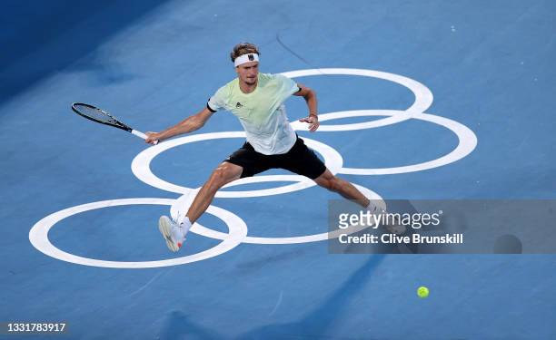 Alexander Zverev of Team Germany plays a forehand during his Men's Singles Gold Medal match against Karen Khachanov of Team ROC on day nine of the...