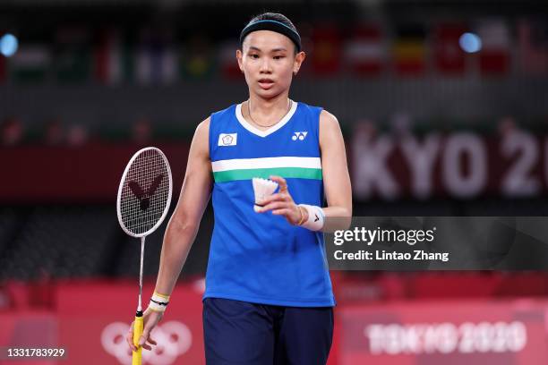 Tai Tzu-Ying of Team Chinese Taipei react as she competes against Chen Yu Fei of Team China during the Women’s Singles Gold Medal match on day nine...