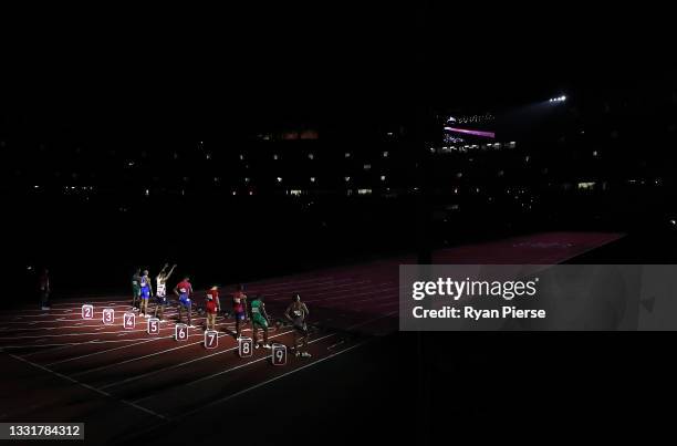 Athletes line up for the start of the Men's 100m Final on day nine on day nine of the Tokyo 2020 Olympic Games at Olympic Stadium on August 01, 2021...