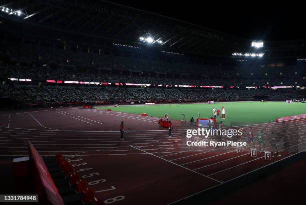 Athletes line up for the start of the Men's 100m Final on day nine on day nine of the Tokyo 2020 Olympic Games at Olympic Stadium on August 01, 2021...