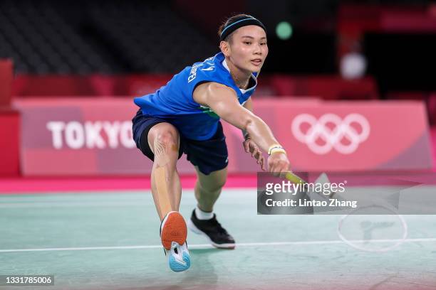 Tai Tzu-Ying of Team Chinese Taipei competes against Chen Yu Fei of Team China during the Women’s Singles Gold Medal match on day nine of the Tokyo...
