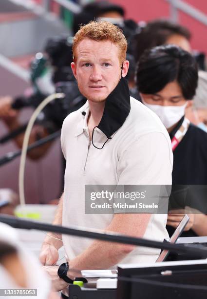 Former long jump athlete Greg Rutherford looks on from the sidelines on day nine of the Tokyo 2020 Olympic Games at Olympic Stadium on August 01,...