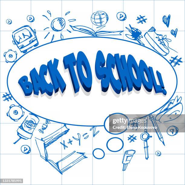 back to school! multicolored volumetric text with drawings by hand on an isolated white background. creative poster or banner. - high school lunch stock illustrations