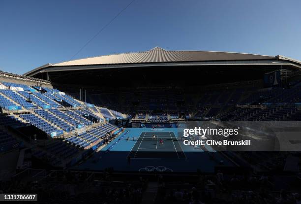 Near empty stadium witnesses Belinda Bencic of Team Switzerland and Viktorija Golubic of Team Switzerland play Barbora Krejcikova of Team Czech...