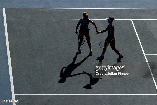 Barbora Krejcikova of Team Czech Republic and Katerina Siniakova of Team Czech Republic play Belinda Bencic of Team Switzerland and Viktorija Golubic...