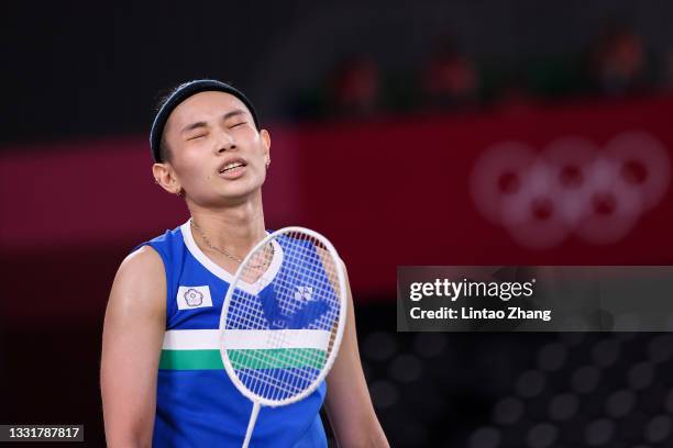 Tai Tzu-Ying of Team Chinese Taipei react as she competes against Chen Yu Fei of Team China during the Women’s Singles Gold Medal match on day nine...