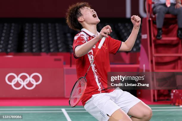 Chen Yu Fei of Team China celebrates as she wins against Tai Tzu-Ying of Team Chinese Taipei during the Women’s Singles Gold Medal match on day nine...