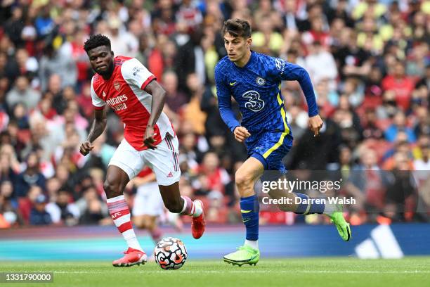 Kai Havertz of Chelsea runs with the ball during the Pre-Season Friendly match between Arsenal and Chelsea at Emirates Stadium on August 01, 2021 in...