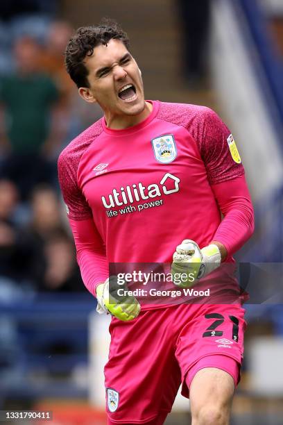 Lee Nicholls of Huddersfield Town celebrates after saving the Sheffield Wednesday third penalty taken by Massimo Luongo in the penalty shoot out...