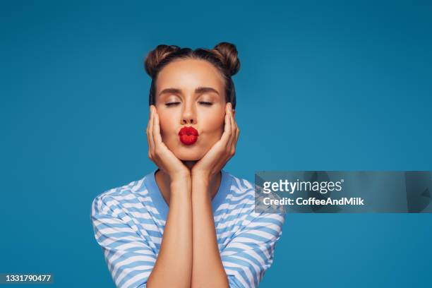 beautiful emotional woman - kiss face stock pictures, royalty-free photos & images