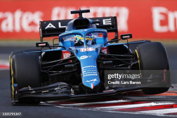 Fernando Alonso of Spain driving the Alpine A521 Renault during the F1 Grand Prix of Hungary at Hungaroring on August 01, 2021 in Budapest, Hungary.