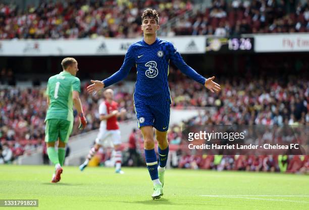 Kai Havertz of Chelsea celebrates after scoring their side's first goal during the Pre-Season Friendly match between Arsenal and Chelsea at Emirates...