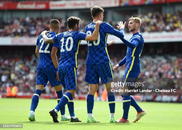 Kai Havertz of Chelsea celebrates with Hakim Ziyech, Christian Pulisic and Timo Werner after scoring their side's first goal during the Pre-Season...