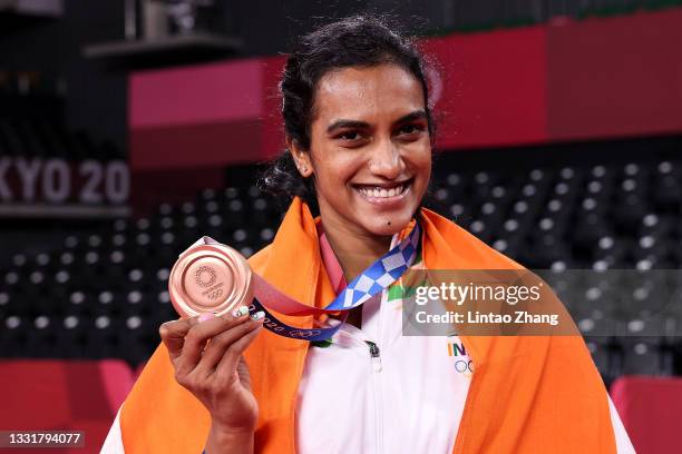 Bronze medalist Pusarla V. Sindhu of Team India poses for camera with her medal during the medal ceremony for the Women’s Singles badminton event on...